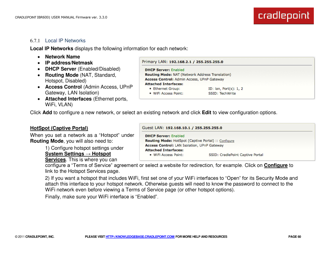 Cradlepoint IBR600 manual Local IP Networks, ∙ Network Name ∙ IP address/Netmask, HotSpot Captive Portal 