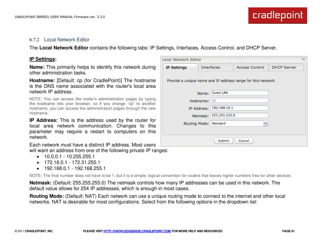 Cradlepoint IBR600 manual Local Network Editor, IP Settings 