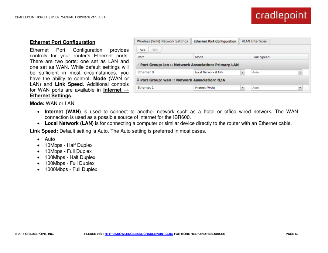 Cradlepoint IBR600 manual Ethernet Port Configuration 