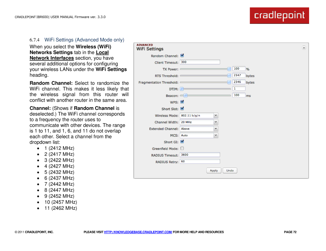 Cradlepoint IBR600 manual WiFi Settings Advanced Mode only 