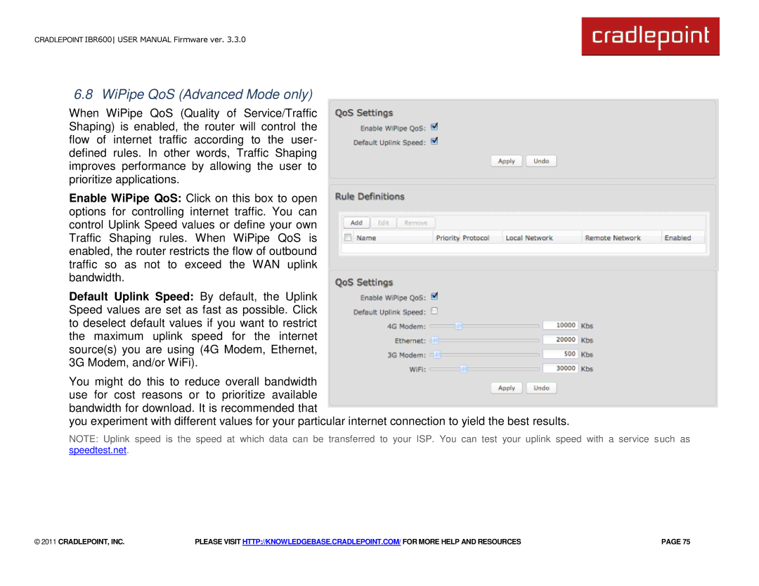 Cradlepoint IBR600 manual WiPipe QoS Advanced Mode only 