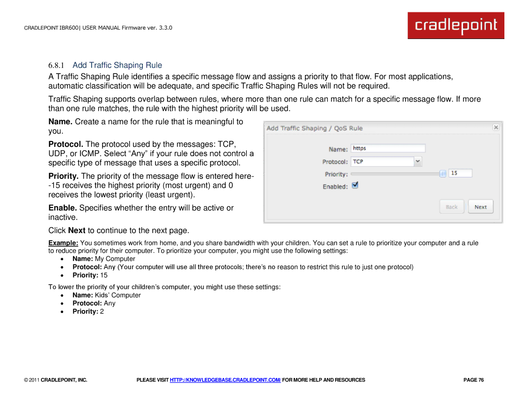 Cradlepoint IBR600 manual Add Traffic Shaping Rule, ∙ Priority 