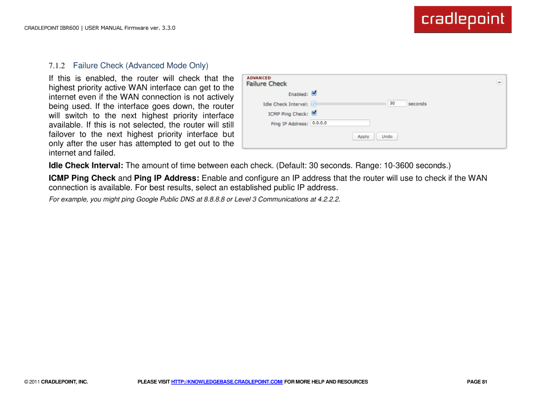 Cradlepoint IBR600 manual Failure Check Advanced Mode Only 