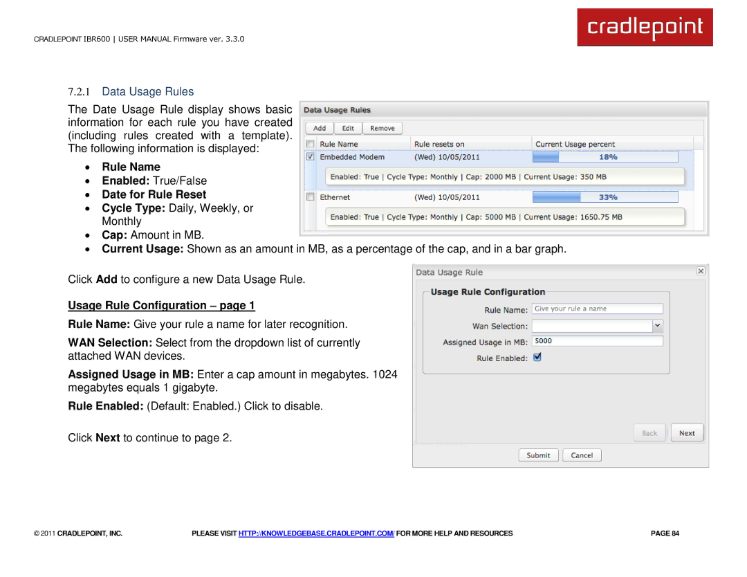 Cradlepoint IBR600 manual Data Usage Rules, ∙ Rule Name, ∙ Date for Rule Reset, Usage Rule Configuration 