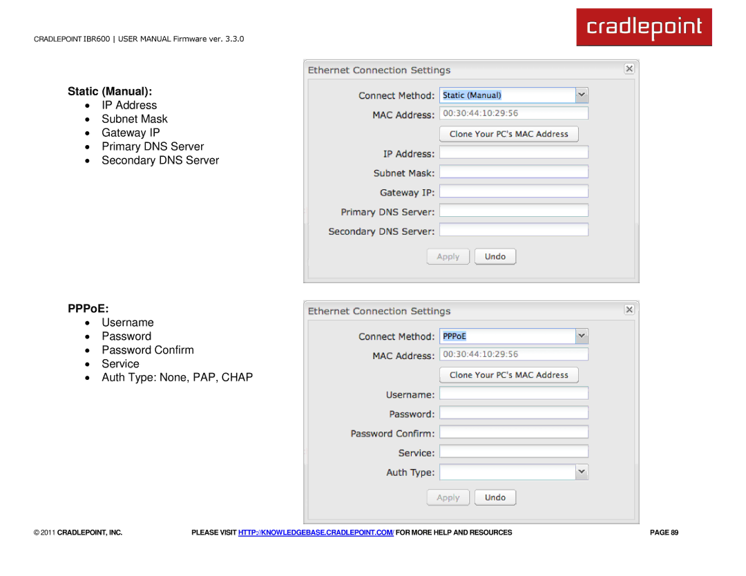 Cradlepoint IBR600 manual Static Manual, PPPoE 