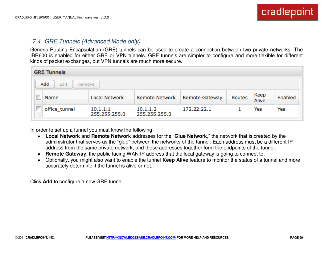 Cradlepoint IBR600 manual GRE Tunnels Advanced Mode only 