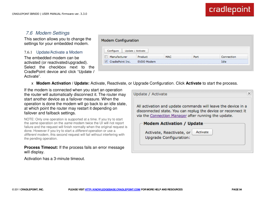 Cradlepoint IBR600 manual Modem Settings, Update/Activate a Modem 