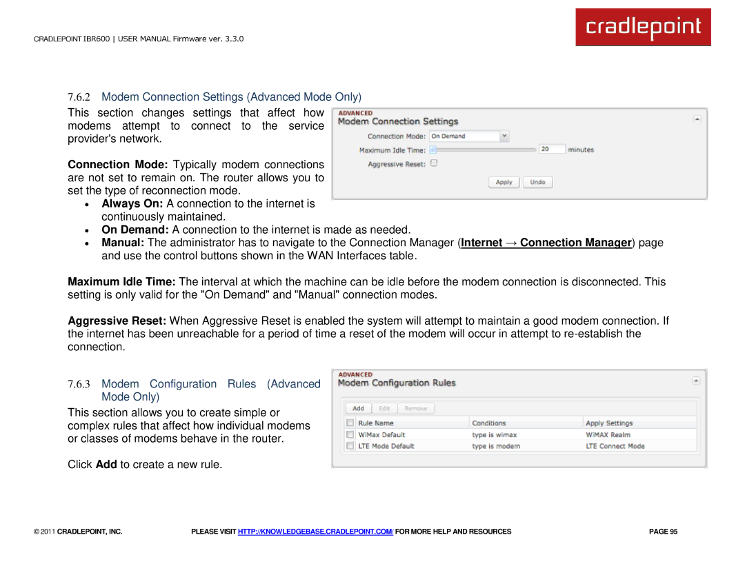 Cradlepoint IBR600 manual Modem Connection Settings Advanced Mode Only, Modem Configuration Rules Advanced Mode Only 