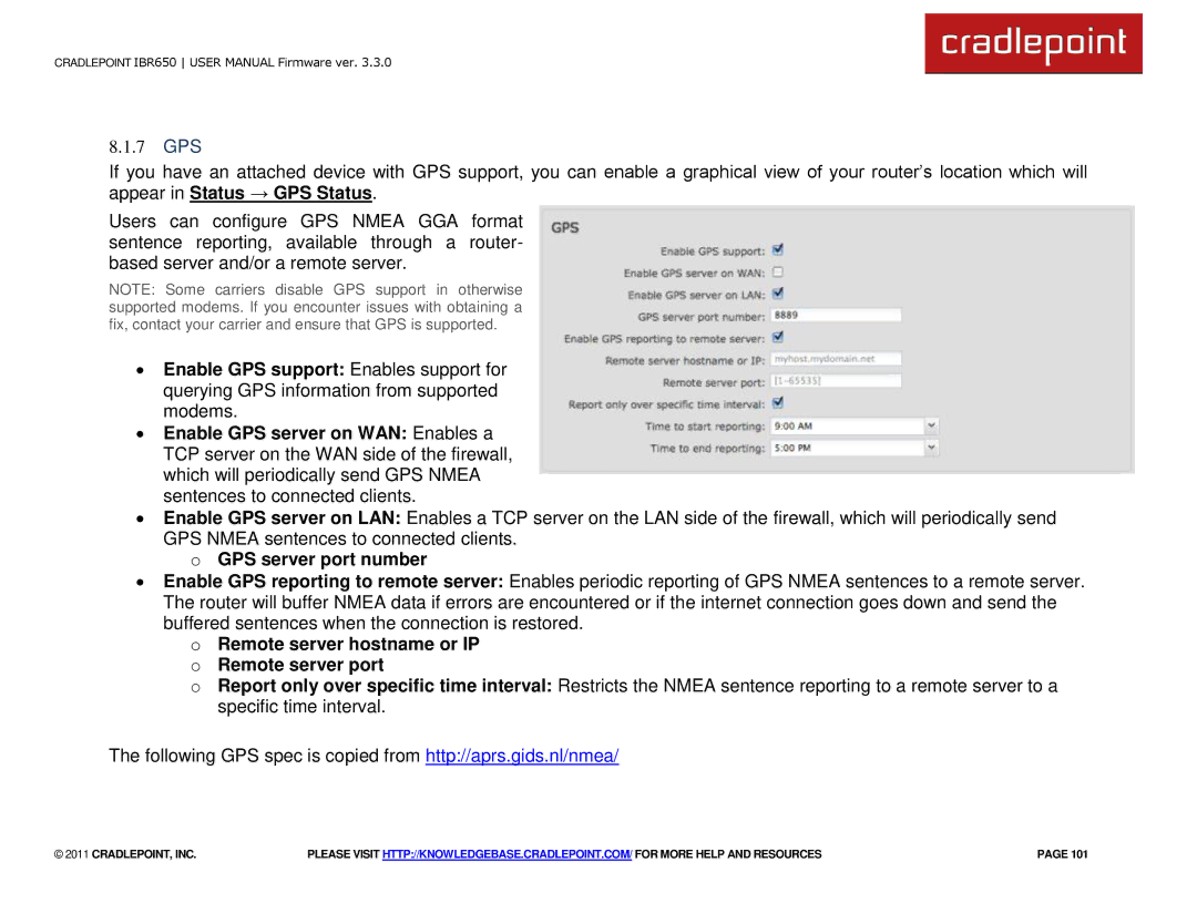 Cradlepoint IBR650 manual 7 GPS, GPS server port number, Remote server hostname or IP o Remote server port 