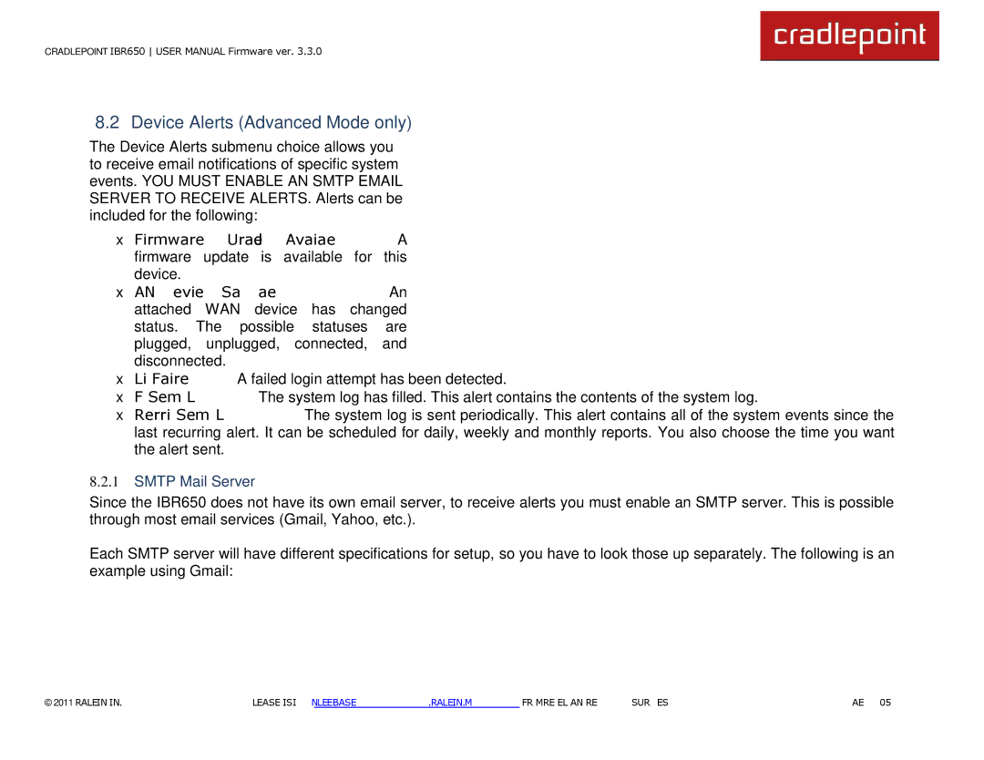 Cradlepoint IBR650 manual Device Alerts Advanced Mode only, Smtp Mail Server 