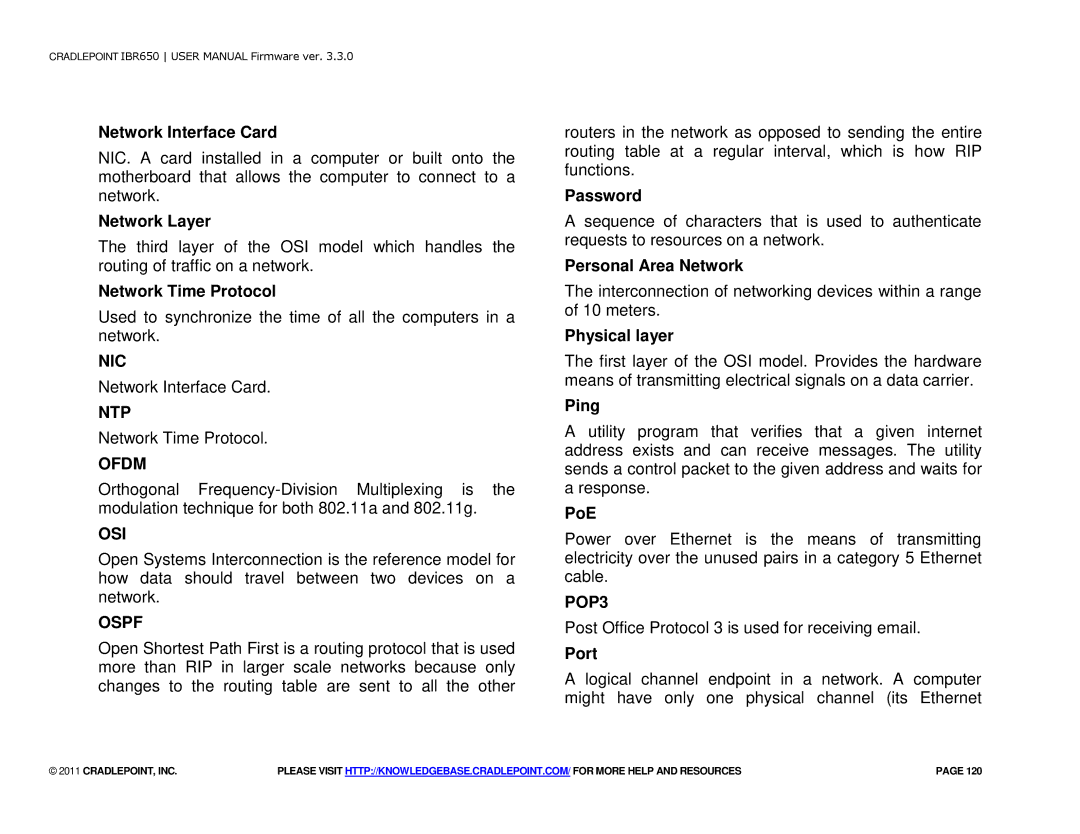 Cradlepoint IBR650 manual Nic, Ntp, Ofdm, Osi, Ospf, POP3 