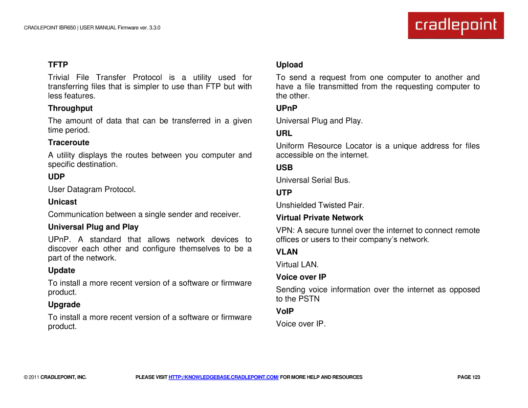 Cradlepoint IBR650 manual Tftp, Udp, Url, Usb, Utp, Vlan 