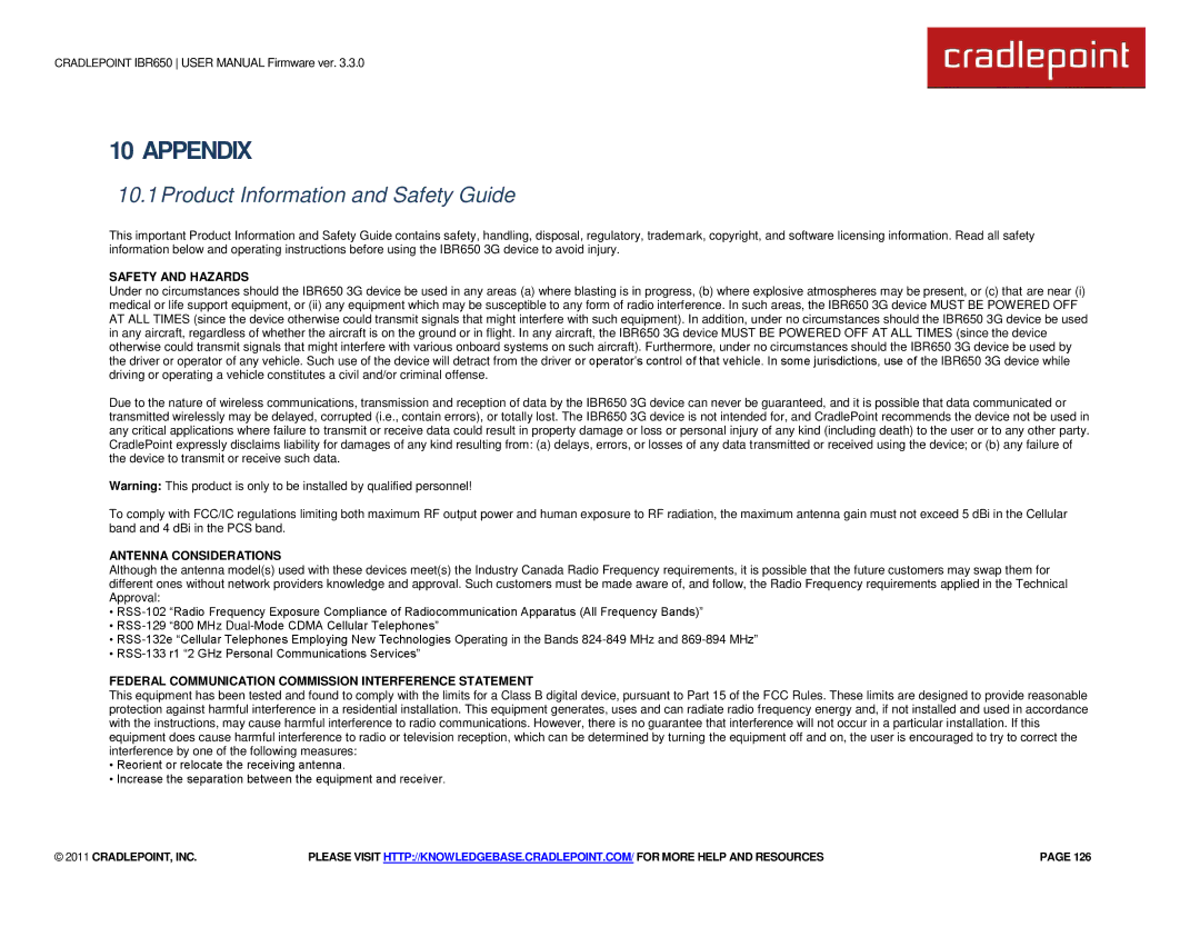 Cradlepoint IBR650 manual Appendix, Product Information and Safety Guide 