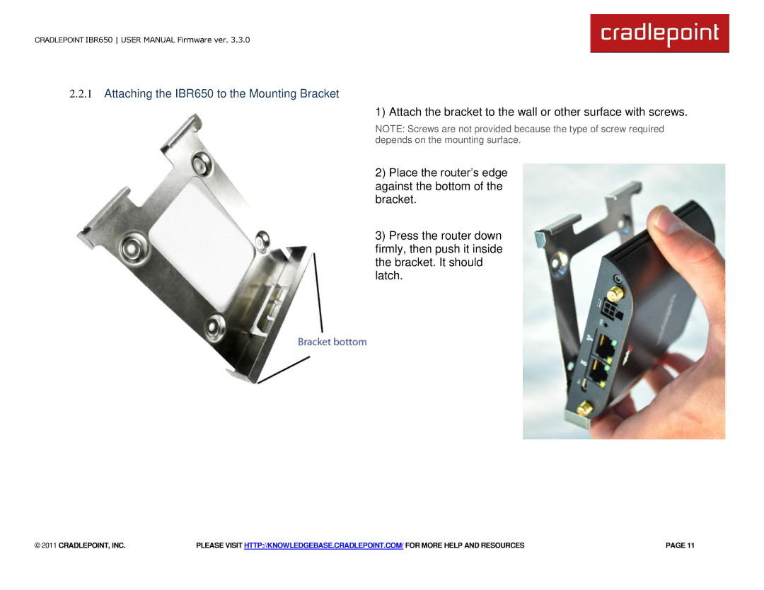 Cradlepoint manual Attaching the IBR650 to the Mounting Bracket 