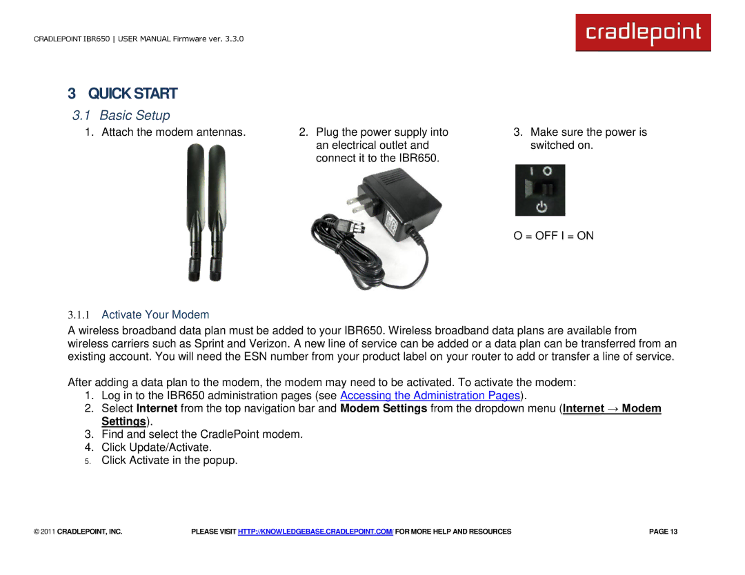 Cradlepoint IBR650 manual Basic Setup, Activate Your Modem, Settings 