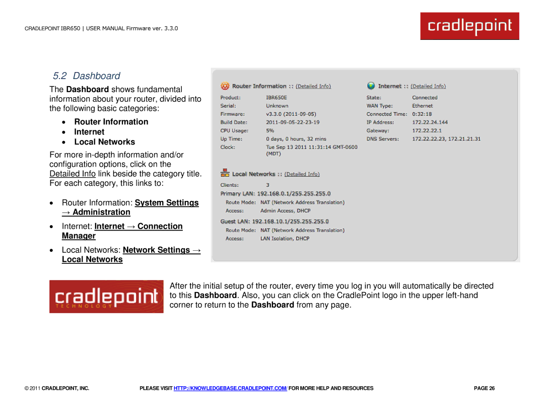 Cradlepoint IBR650 manual Dashboard, ∙ Router Information ∙ Internet ∙ Local Networks 