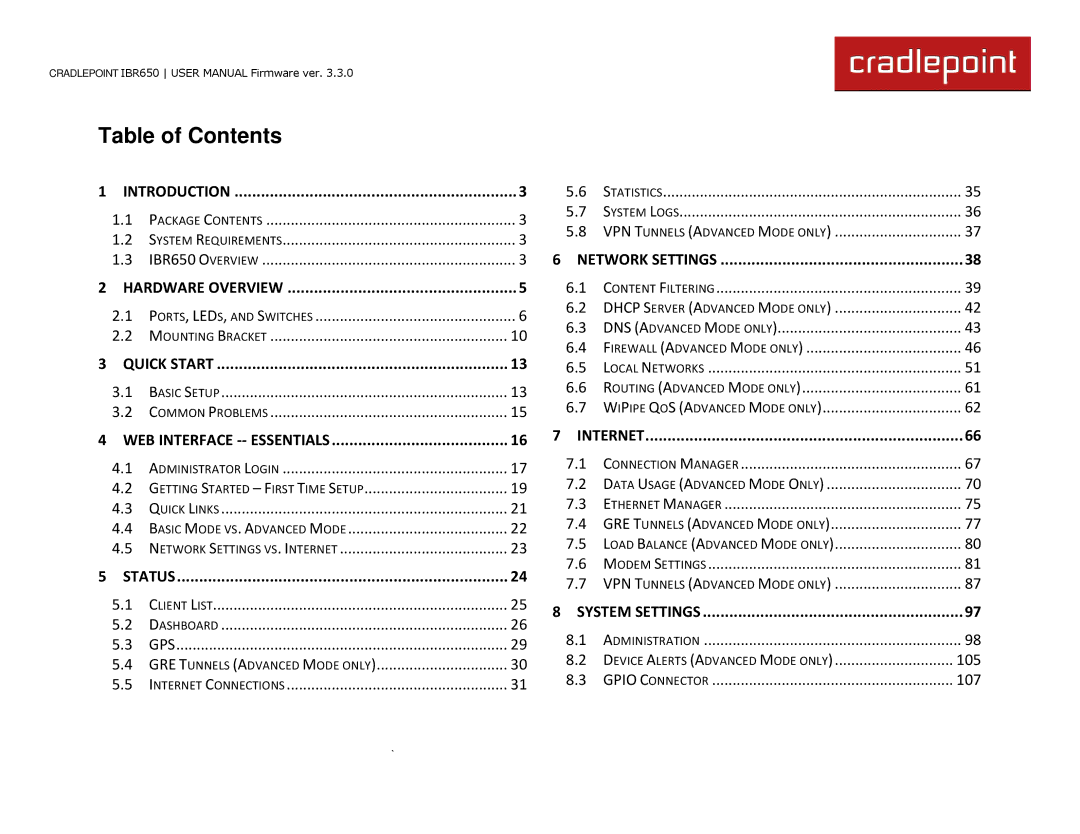 Cradlepoint IBR650 manual Table of Contents 