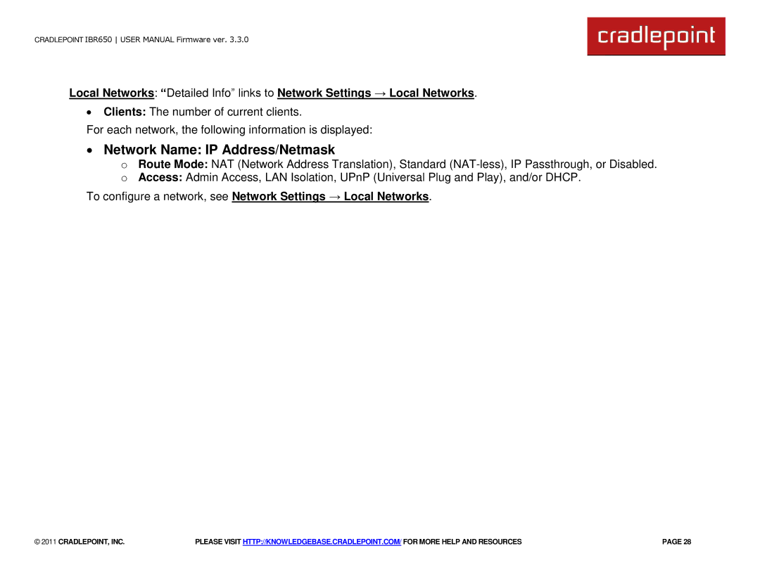 Cradlepoint IBR650 manual ∙ Network Name IP Address/Netmask 