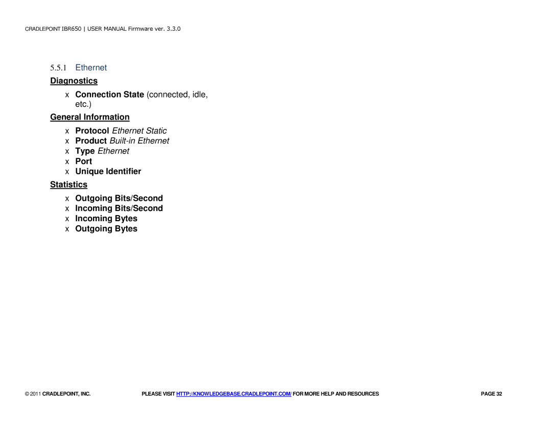 Cradlepoint IBR650 manual Ethernet, Diagnostics, General Information 