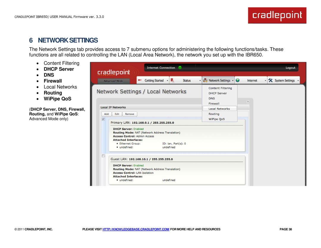 Cradlepoint IBR650 manual ∙ Dhcp Server, ∙ Dns, ∙ Firewall, ∙ Routing ∙ WiPipe QoS 