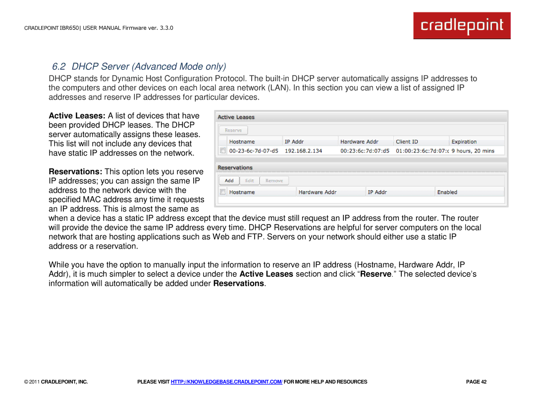 Cradlepoint IBR650 manual Dhcp Server Advanced Mode only 