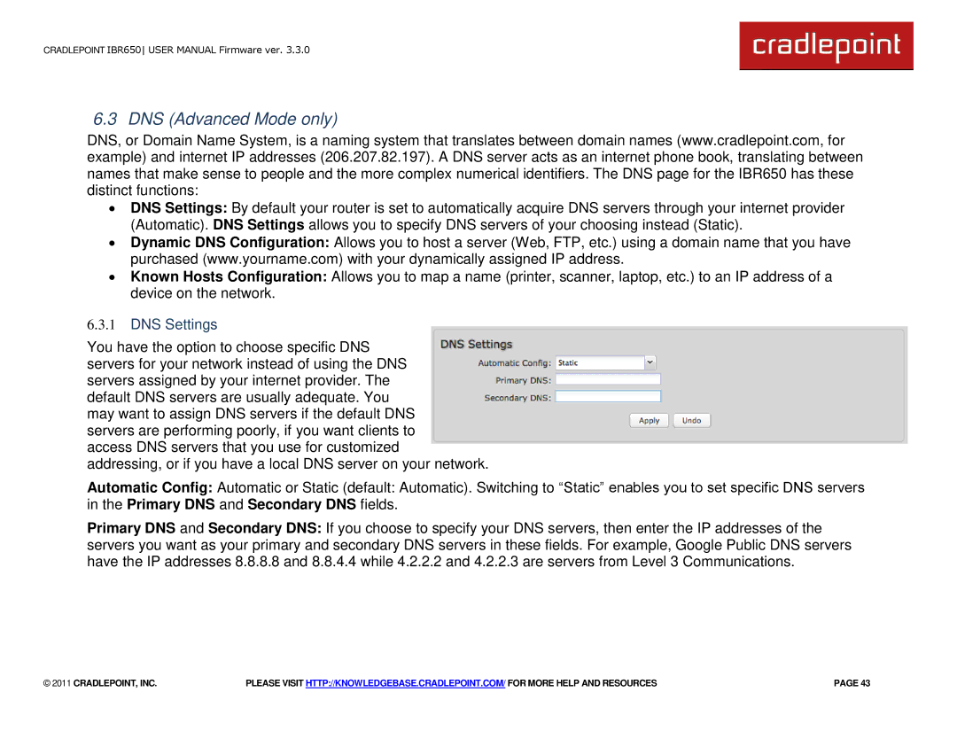 Cradlepoint IBR650 manual DNS Advanced Mode only, DNS Settings 