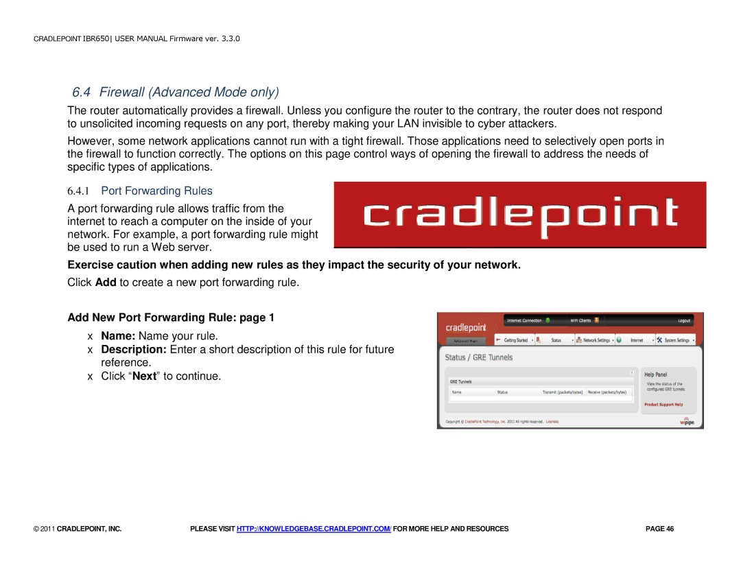 Cradlepoint IBR650 manual Firewall Advanced Mode only, Port Forwarding Rules, Add New Port Forwarding Rule 