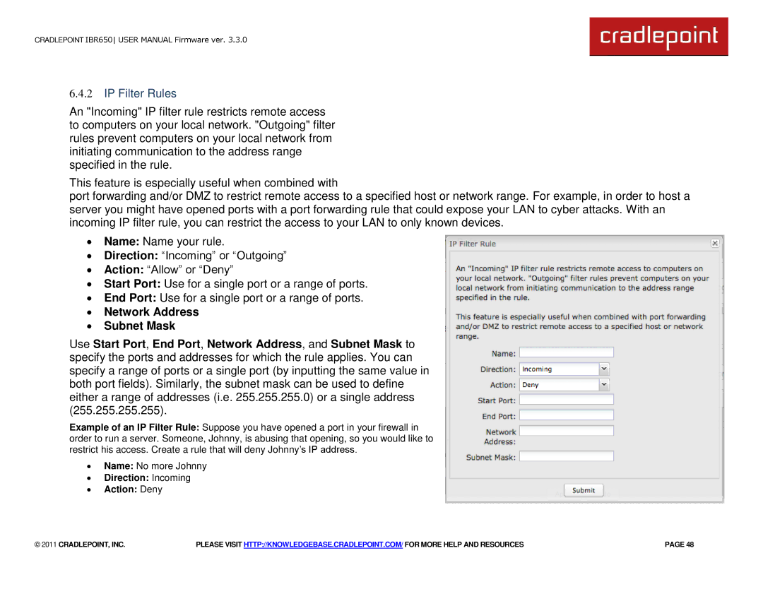 Cradlepoint IBR650 manual IP Filter Rules, ∙ Network Address ∙ Subnet Mask 