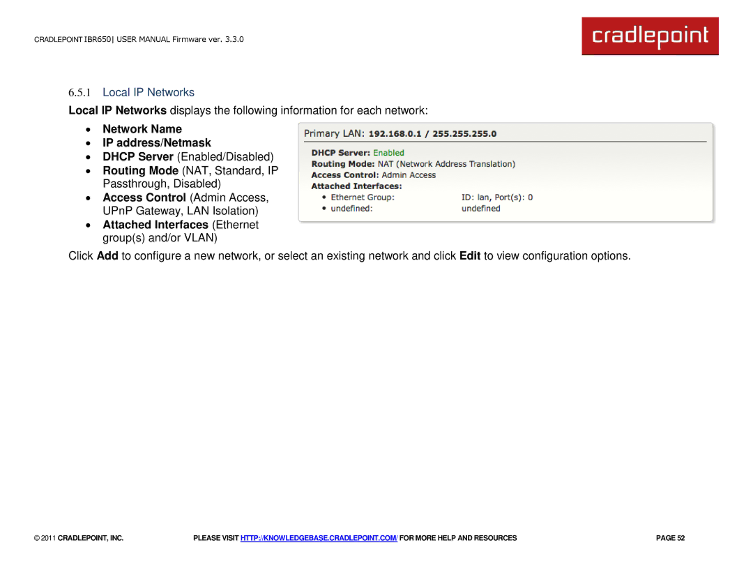 Cradlepoint IBR650 manual Local IP Networks, ∙ Network Name ∙ IP address/Netmask 