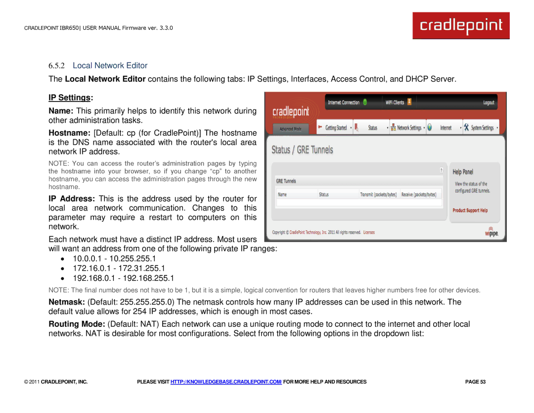 Cradlepoint IBR650 manual Local Network Editor, IP Settings 