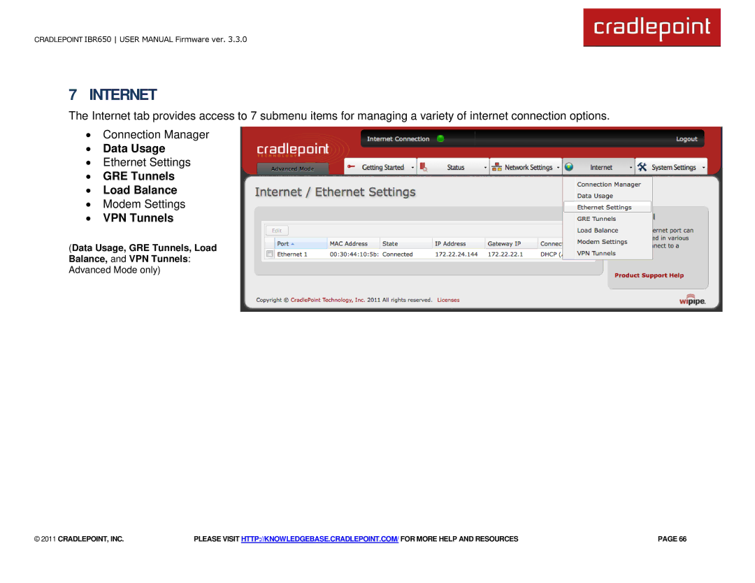 Cradlepoint IBR650 manual ∙ Data Usage, ∙ GRE Tunnels ∙ Load Balance 