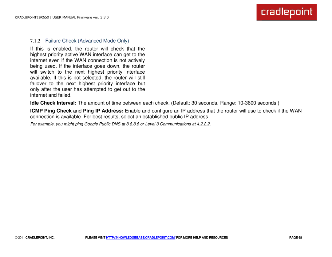 Cradlepoint IBR650 manual Failure Check Advanced Mode Only 