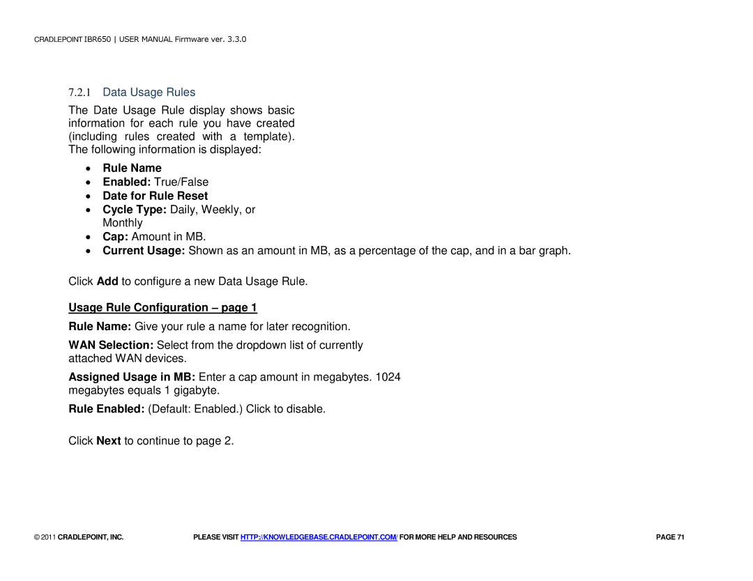 Cradlepoint IBR650 manual Data Usage Rules, ∙ Rule Name, ∙ Date for Rule Reset, Usage Rule Configuration 
