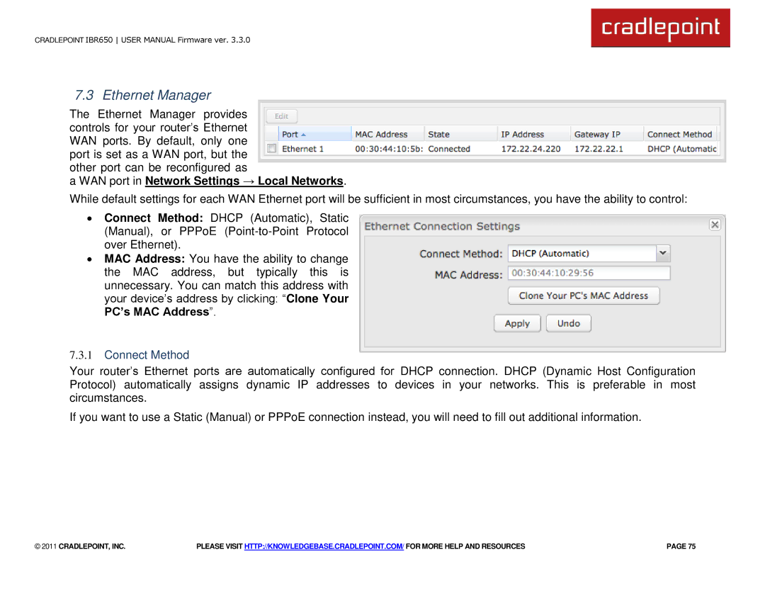 Cradlepoint IBR650 Ethernet Manager, WAN port in Network Settings → Local Networks, PC’s MAC Address‖, Connect Method 