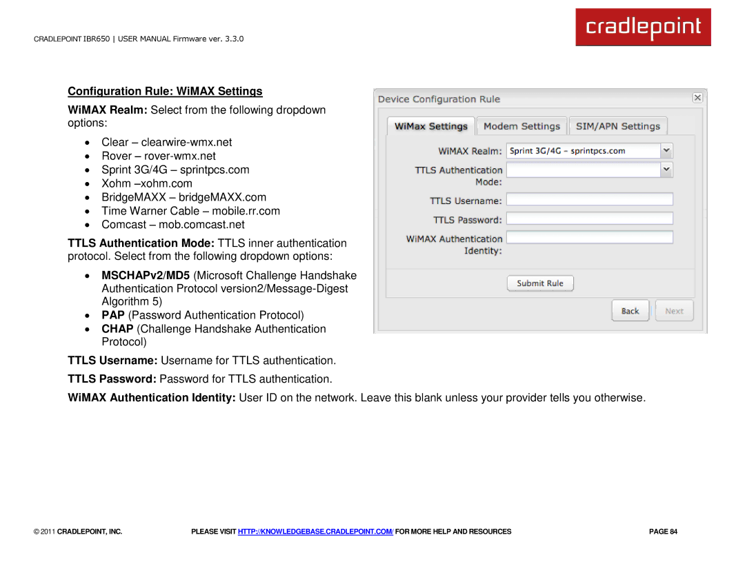 Cradlepoint IBR650 manual Configuration Rule WiMAX Settings 