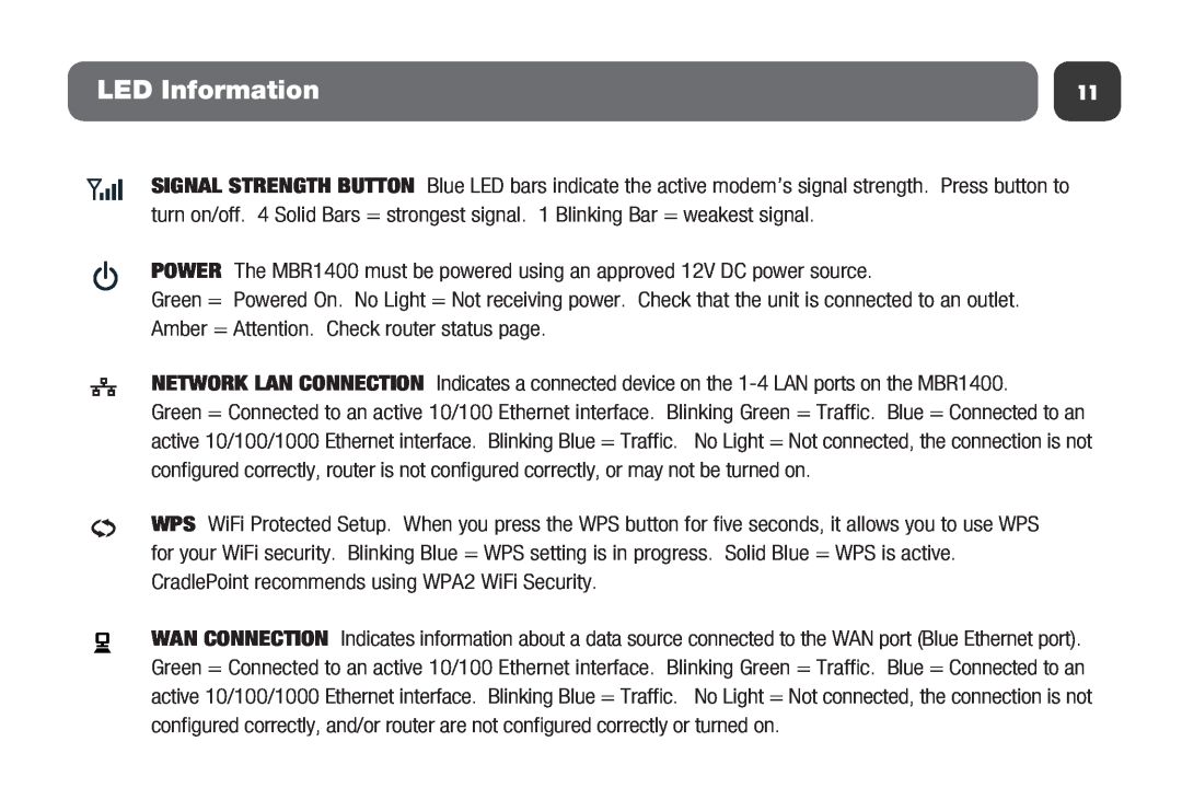 Cradlepoint MBR1400 setup guide LED Information 