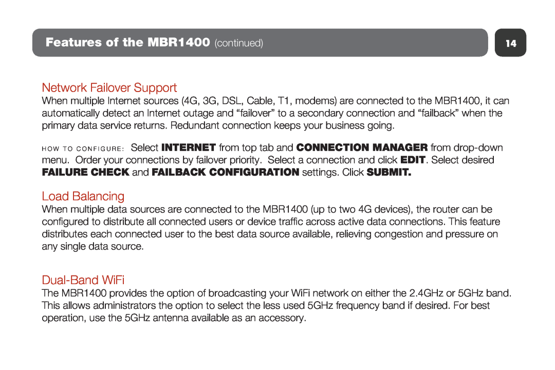 Cradlepoint setup guide Features of the MBR1400 continued, Network Failover Support, Load Balancing, Dual-Band WiFi 