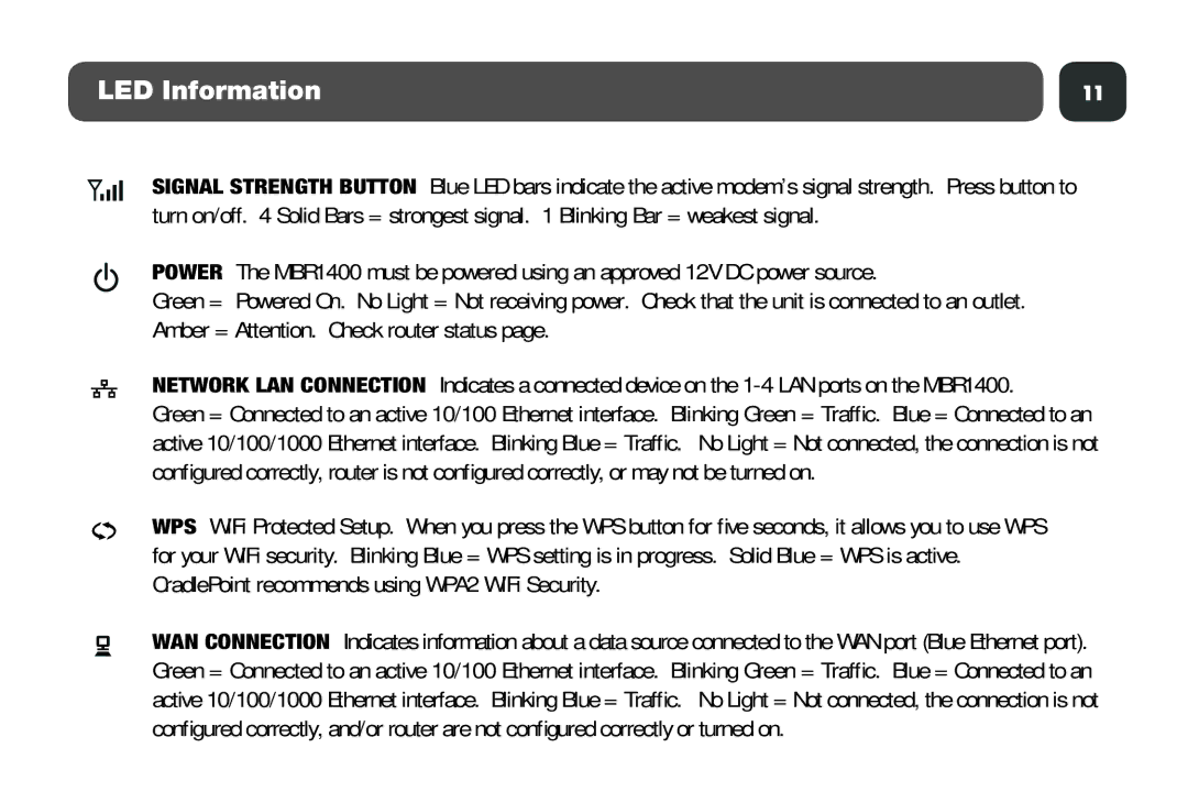 Cradlepoint MBR1400 setup guide LED Information 