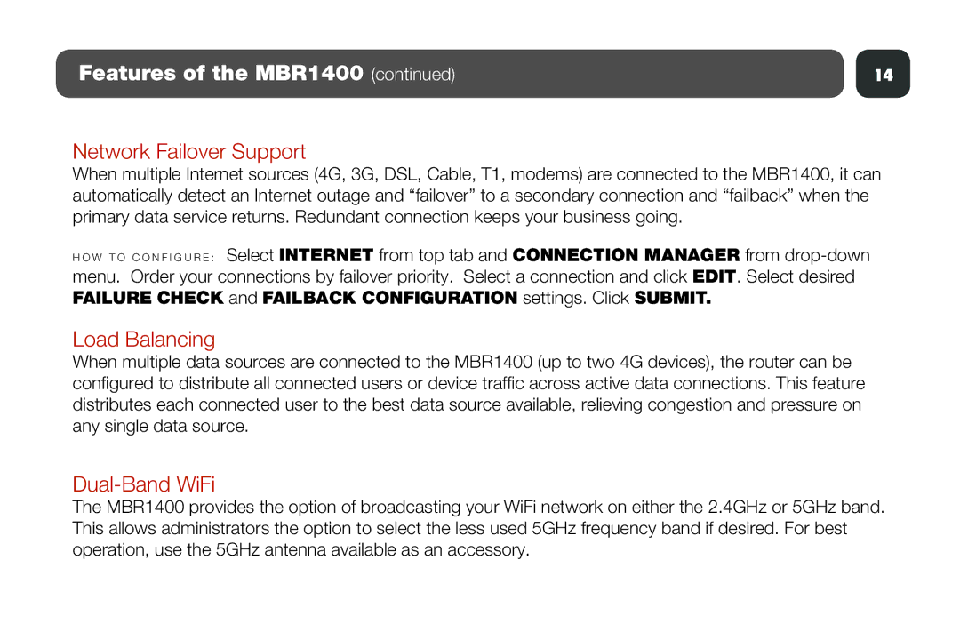 Cradlepoint MBR1400 setup guide Network Failover Support, Load Balancing, Dual-Band WiFi 