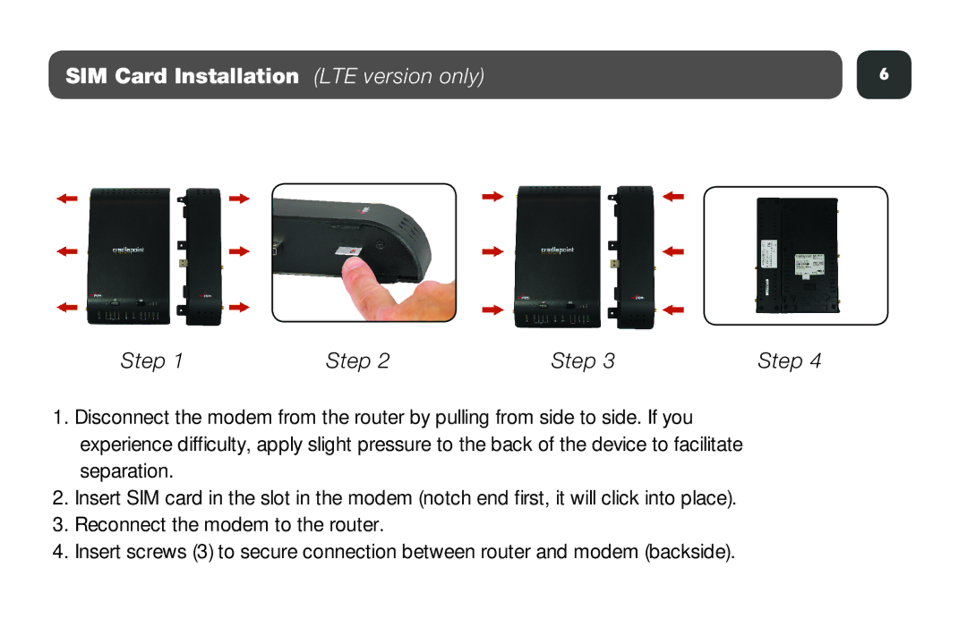 Cradlepoint MBR1400 setup guide SIM Card Installation LTE version only, Step 