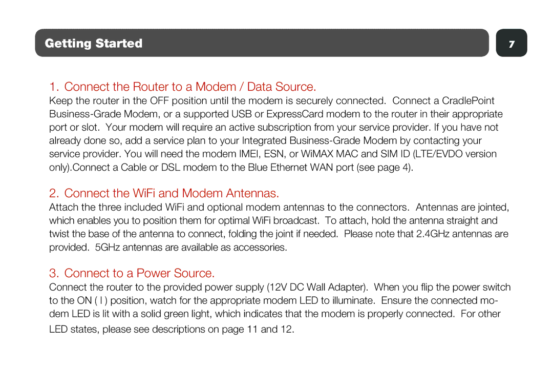 Cradlepoint MBR1400 setup guide Getting Started, Connect the WiFi and Modem Antennas, Connect to a Power Source 