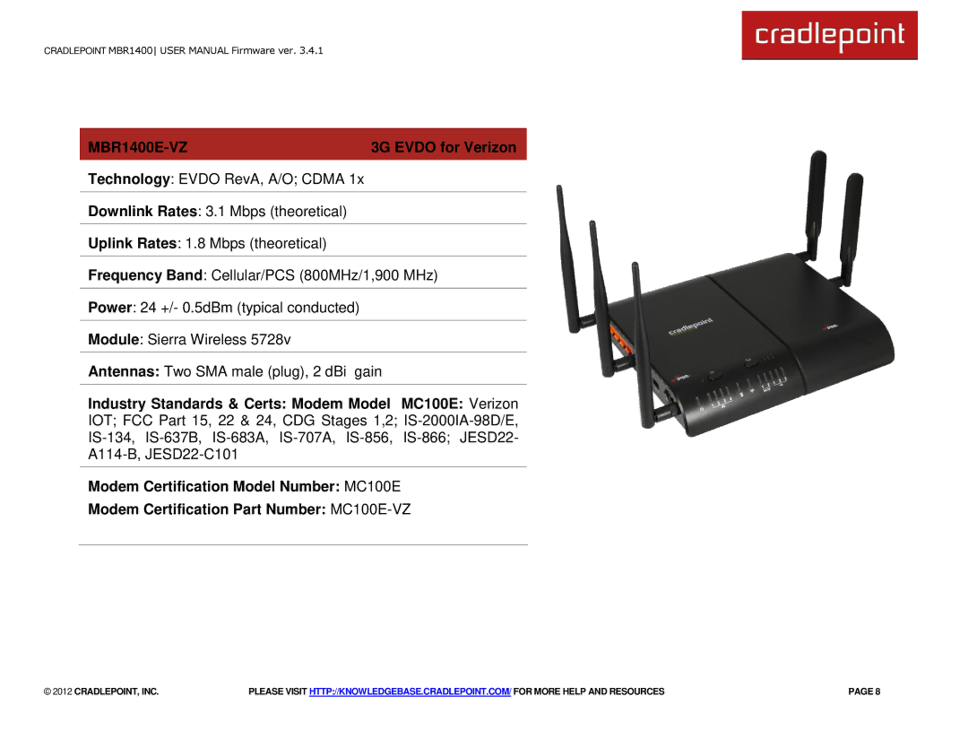 Cradlepoint MBR1400LE manual MBR1400E-VZ 3G Evdo for Verizon 