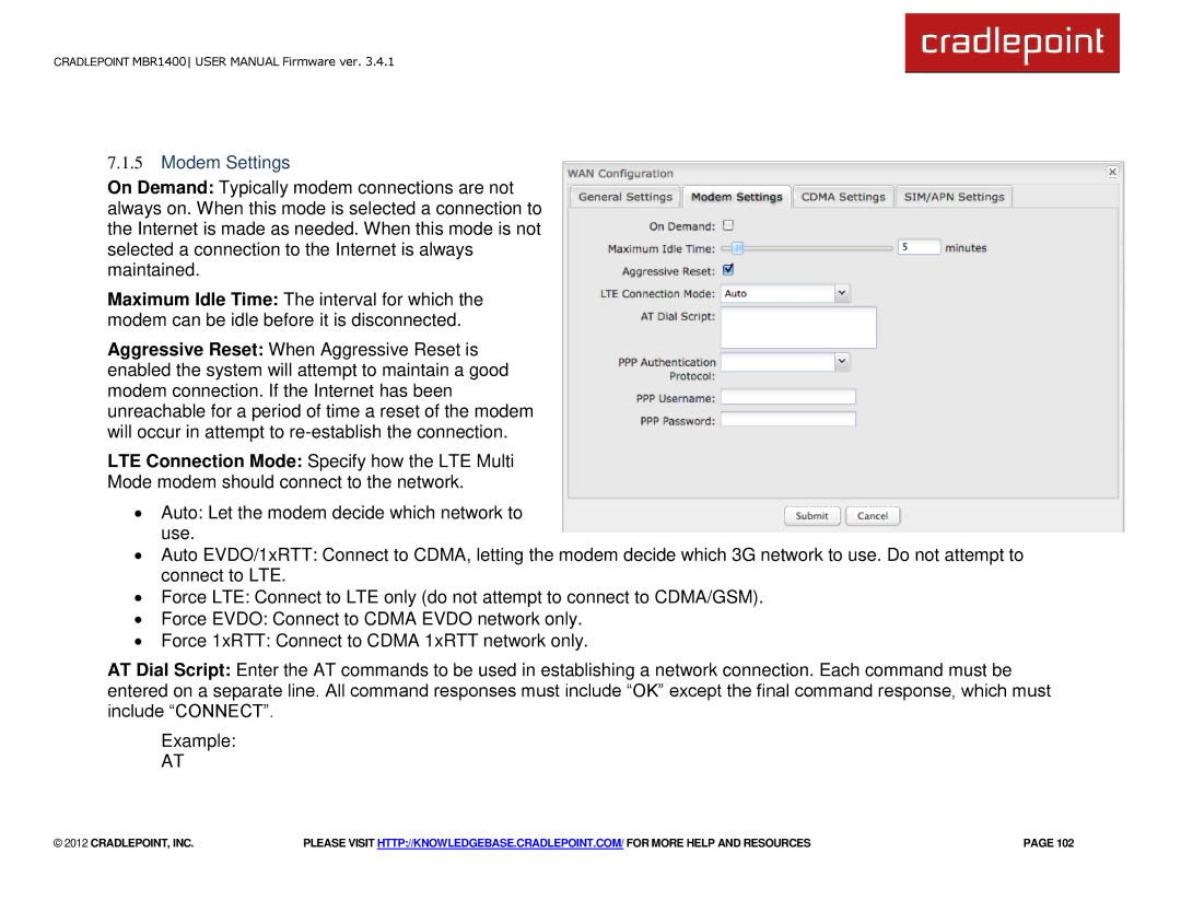 Cradlepoint MBR1400LE manual Modem Settings 