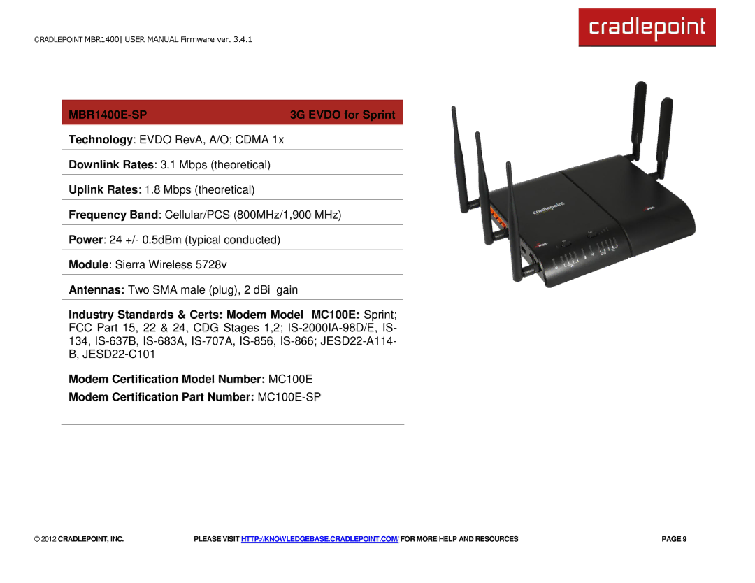 Cradlepoint MBR1400LE manual MBR1400E-SP, 3G Evdo for Sprint 