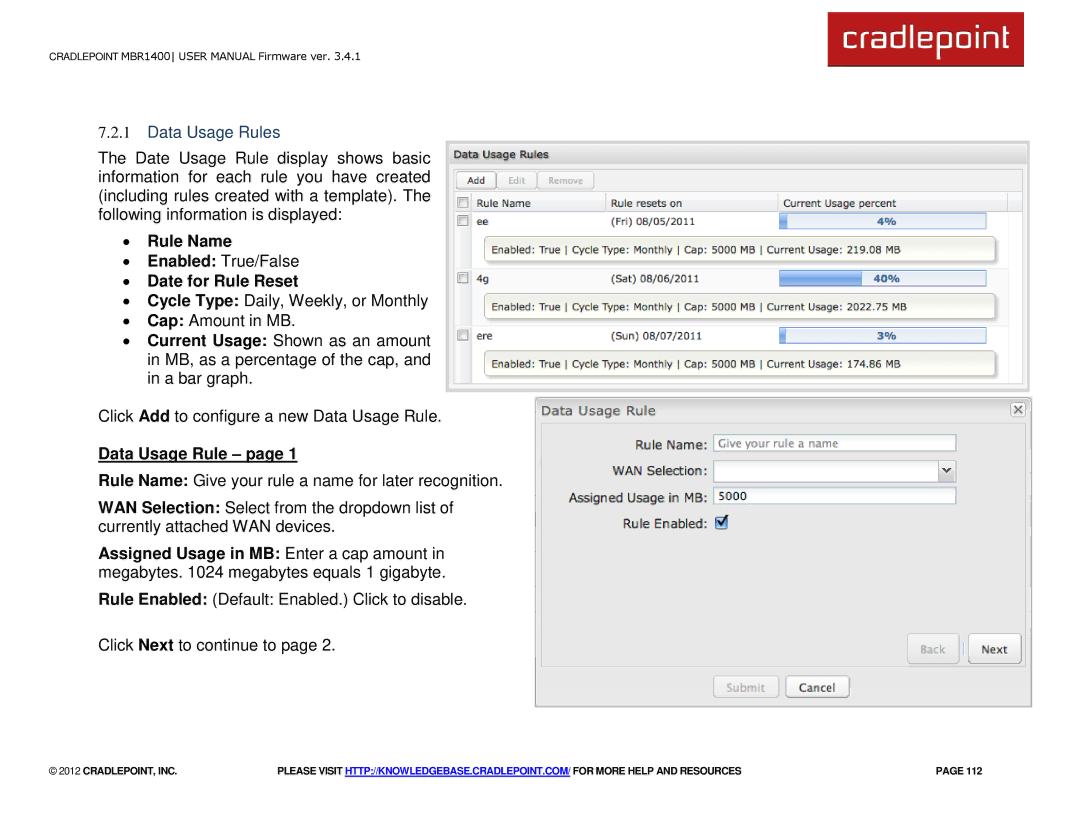 Cradlepoint MBR1400LE manual Data Usage Rules, ∙ Rule Name, ∙ Date for Rule Reset 