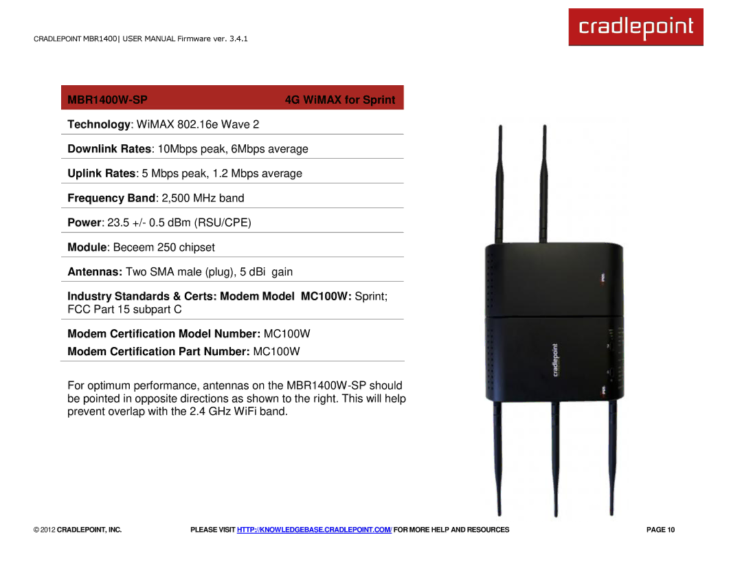 Cradlepoint MBR1400LE manual MBR1400W-SP, 4G WiMAX for Sprint 