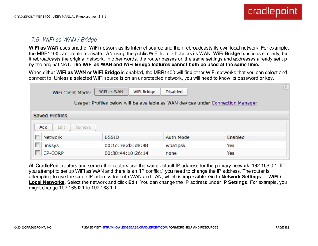 Cradlepoint MBR1400LE manual WiFi as WAN / Bridge 