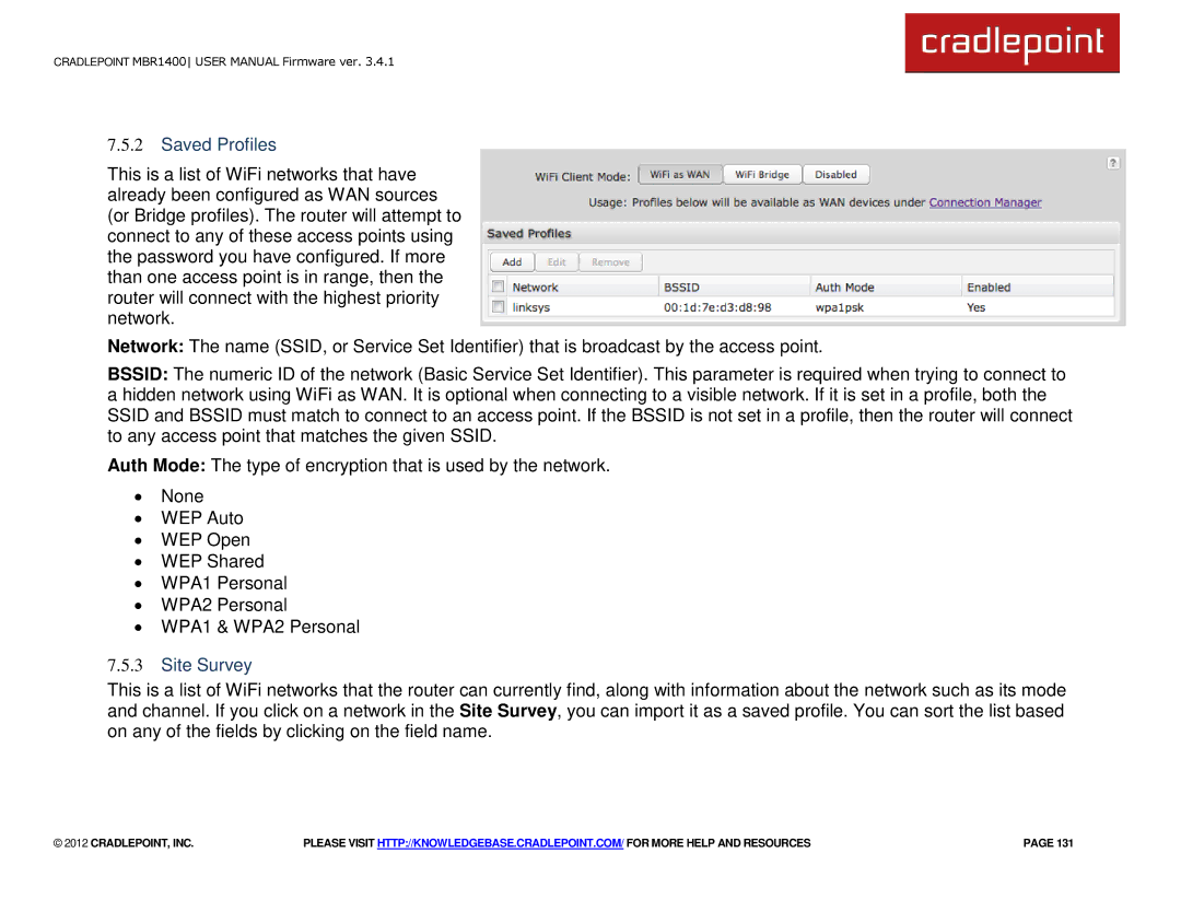 Cradlepoint MBR1400LE manual Saved Profiles, Site Survey 