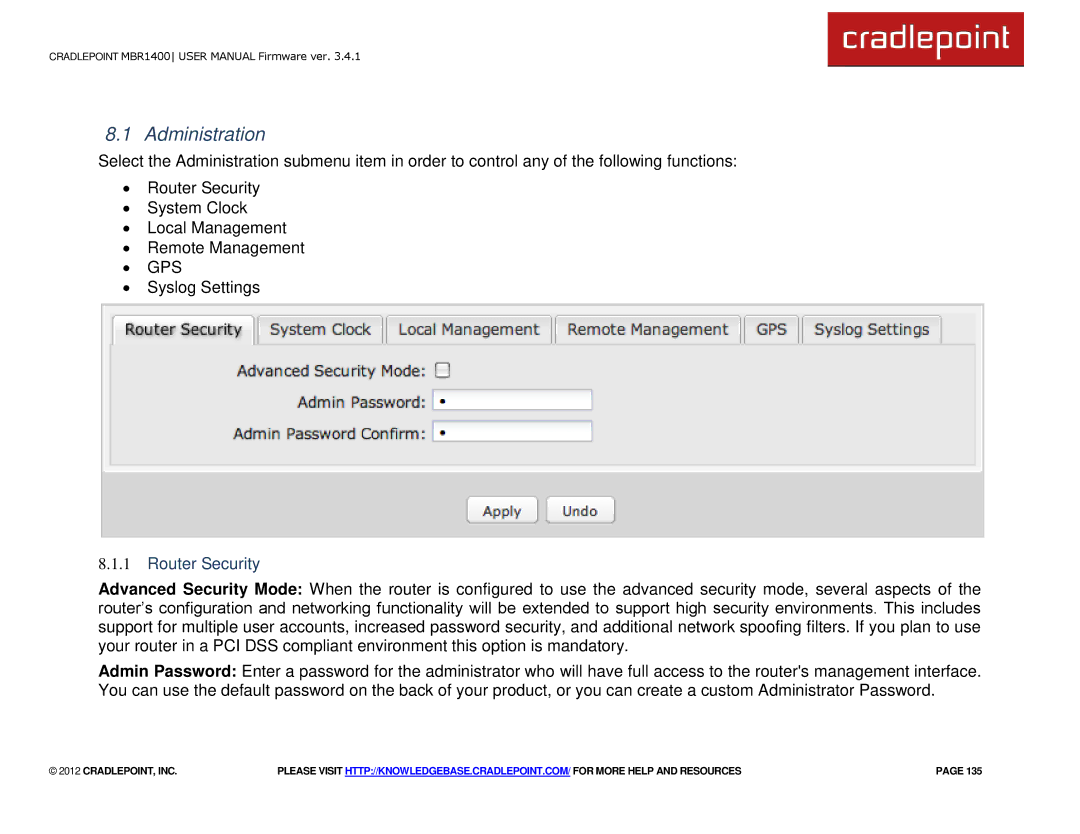 Cradlepoint MBR1400LE manual Administration, Router Security 