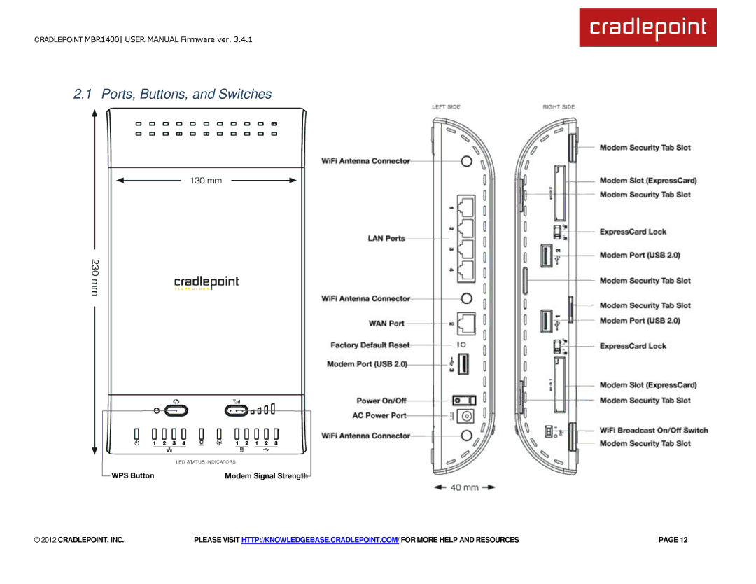 Cradlepoint MBR1400LE manual Ports, Buttons, and Switches 